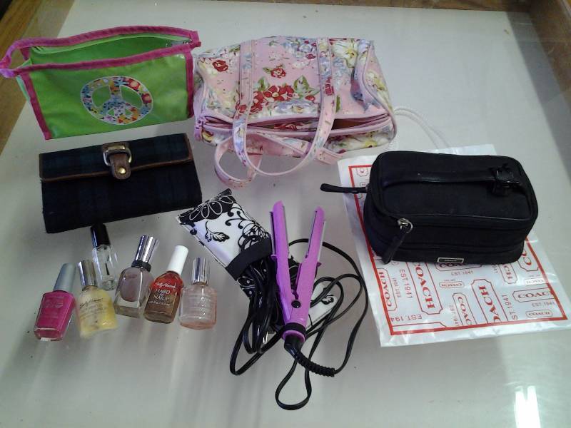 lot 22 image: COACH Cosmetic Bag, Plaid Wallet, Nail Polish, Hair Straightener
