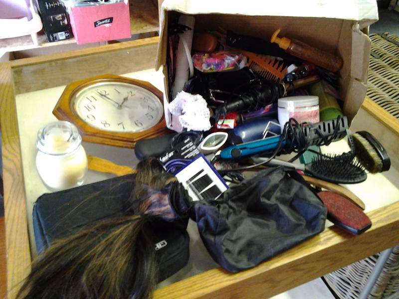 lot 24 image: Box Lot Of Toiletries, Hair Extensions, Hair Accessories, Clock, Candles, Misc