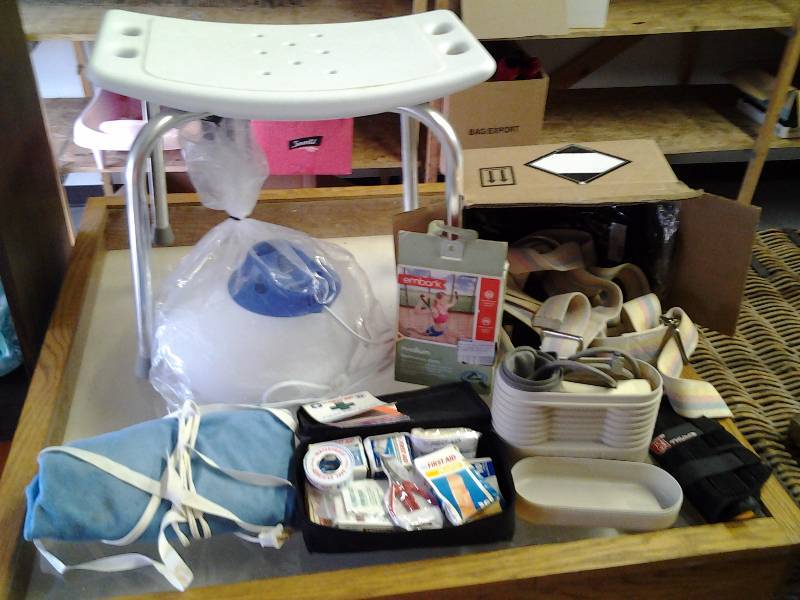 lot 26 image: Box Lot-Handicap & Medical Related Shower Chair, Blood Pressure Kit, 1st Aid Kit, Steamer, More