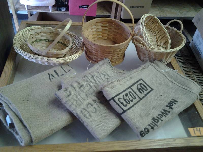 lot 35 image: Wicker Baskets & 3-Burlap Coffee Bean Sacks