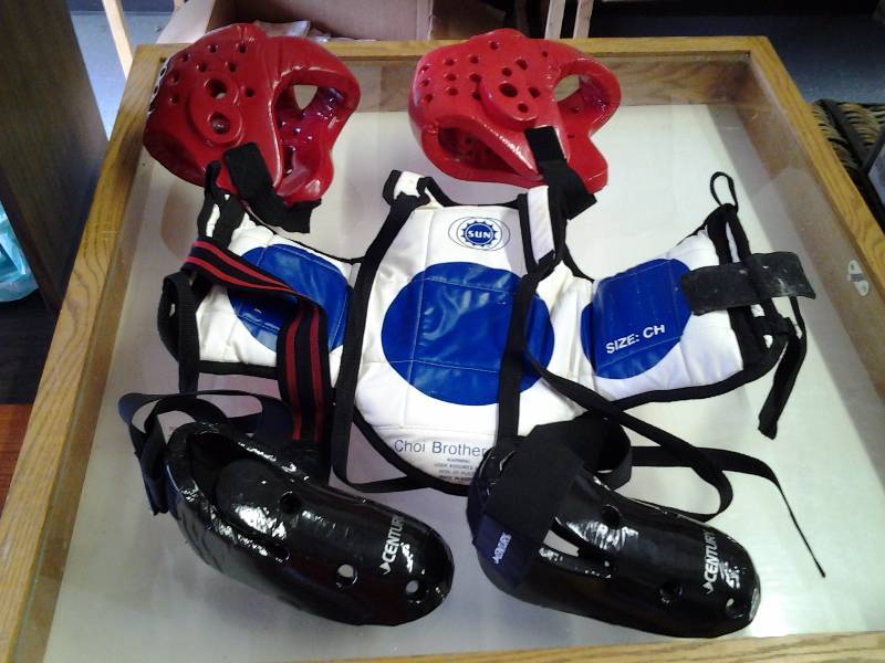 lot 42 image: Kick Boxing Pads 2-Helmets, Pair Of Foot Pads, 1-Body Pad