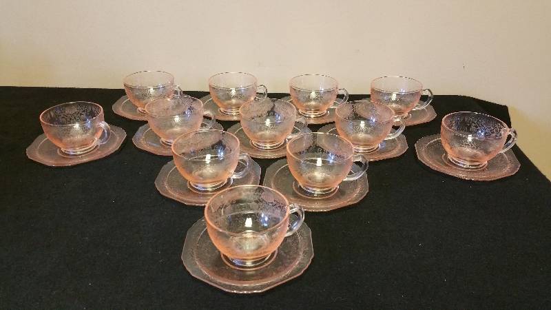 lot 11 image: Pink Depression Glass (12) Piece Coffee & Saucer