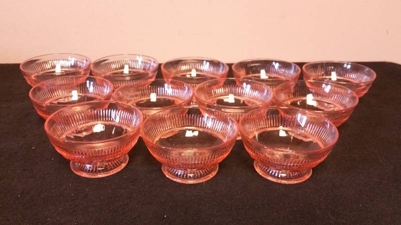 lot 12 image: Pink Depression Glass (12) Piece Shebert  Ice Cream