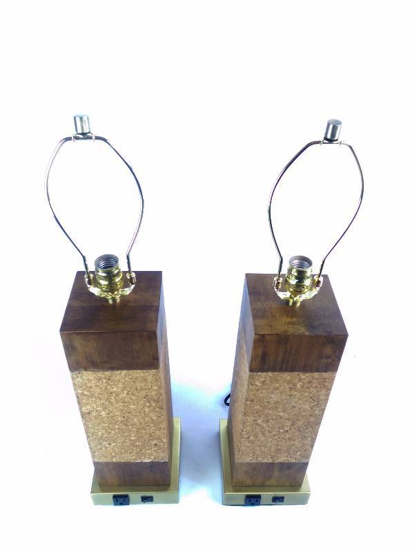 lot 56 image: Siena Modern Contemporary Cork Wood Table Lamp Set of 2 with Plugin Base