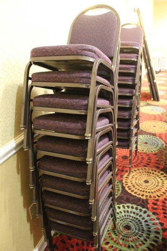 lot 395 image: Lot of (10) Stacking Mauve Fabric Conference Chairs