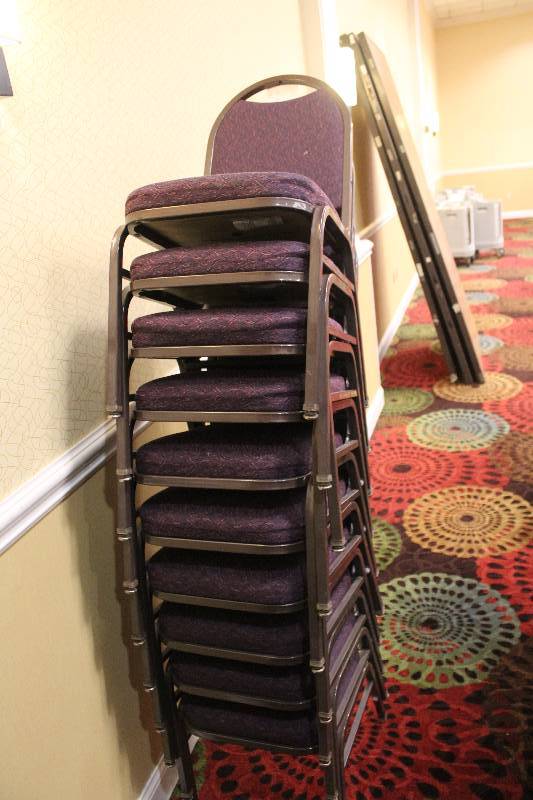 lot 439 image: Lot of (10) Stacking Mauve Fabric Conference Chairs