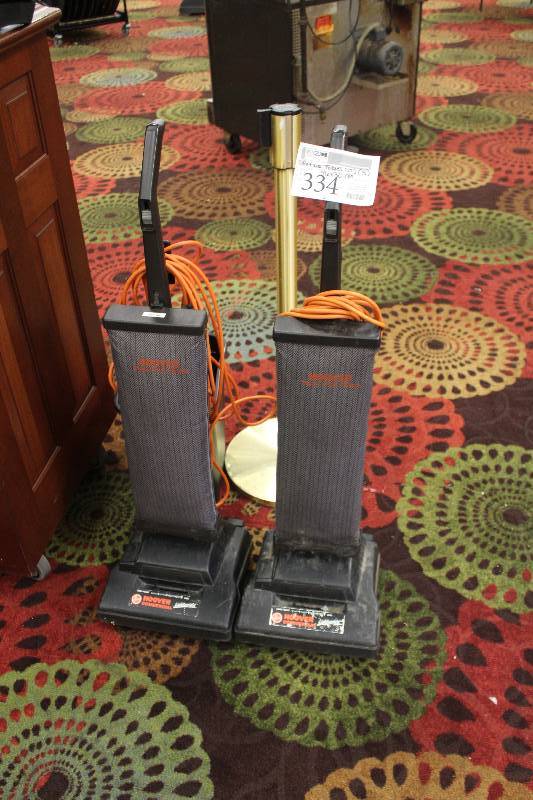 lot 334 image: Lot of (4) Including 2) Hoover Commercial Upright Bag Vacuums AND 1) Garbage Can AND 1) Crowd Control Pole