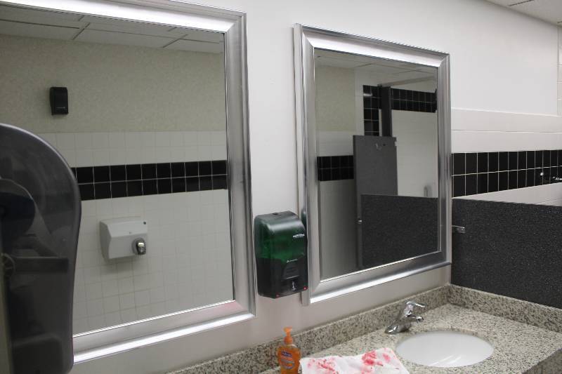 lot 572 image: Lot of (2) Mens Bathroom Framed Wall Mirror, Soap Dispenser, Towel Dispenser