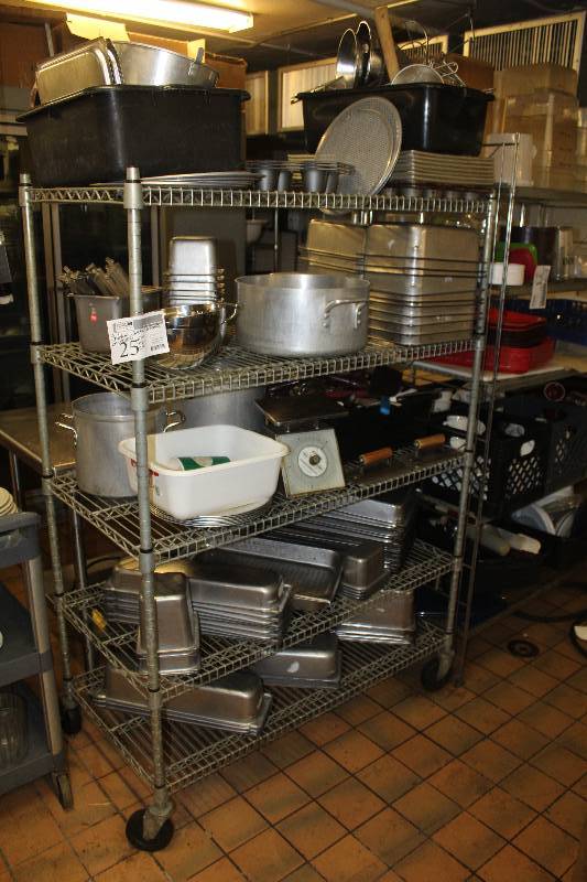 lot 25 image: 3-Shelf Rolling Shelving Unit & Contents Including Pots, Pans