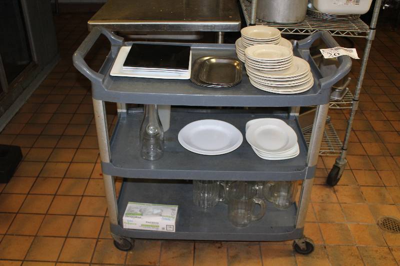 lot 26 image: 3-Shelf Rolling Cart & Contents Including Dishware, Pitchers