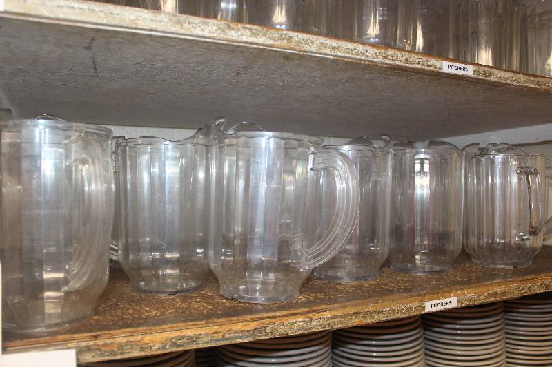 lot 596 image: Shelf Lot of Dishware Including (Approximately 300) 5.5in. Plates, (Approximately 25) Plastic Pitchers