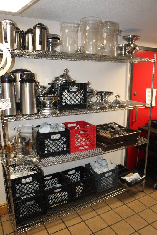 lot 32 image: Shelving Unit & Contents Including Coffee Pots, Serving Containers, Flatware, Glassware