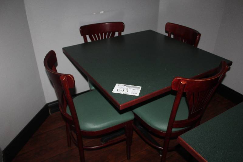 lot 643 image: Lot of (5) Furniture Including 1) Table AND 4) Chairs w Padded Seat