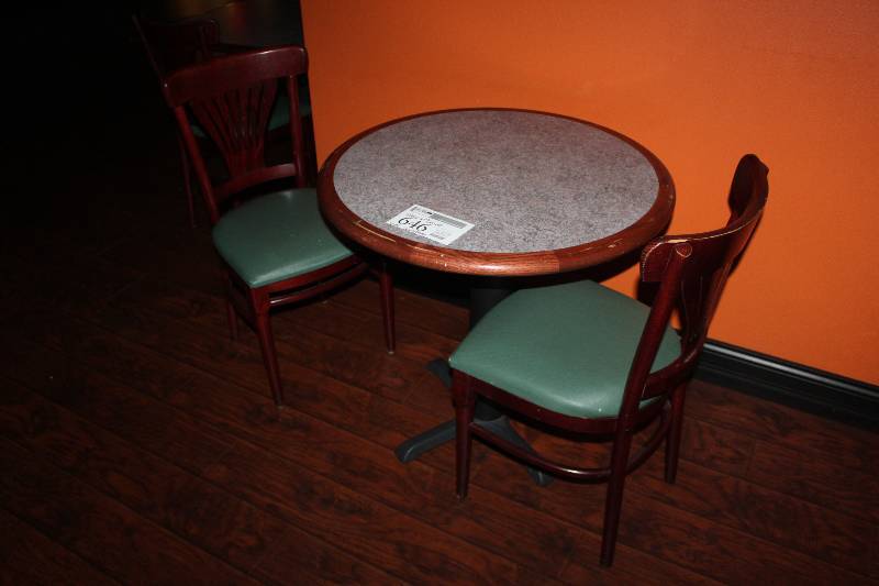 lot 646 image: Lot of (3) Furniture Including 1) 29in. Round Table AND 2) Chairs w Padded Seat