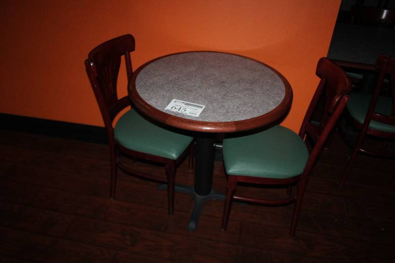 lot 645 image: Lot of (3) Furniture Including 1) 29in. Round Table AND 2) Chairs w Padded Seat