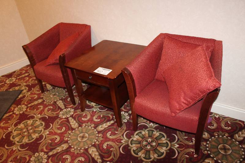 lot 902 image: Lot of (3) Furniture Including 1) Wood End Table AND 2) Lobby Chairs