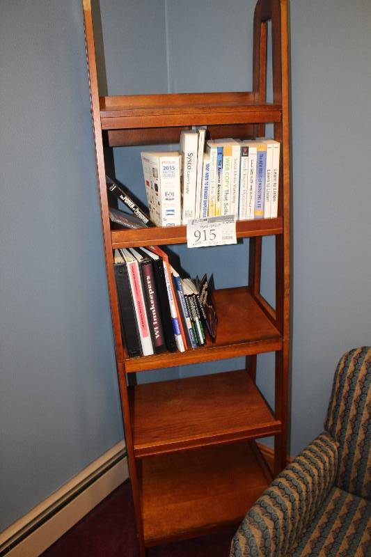 lot 915 image: 5-Shelf Ladder Book Shelf & Contents Including Books