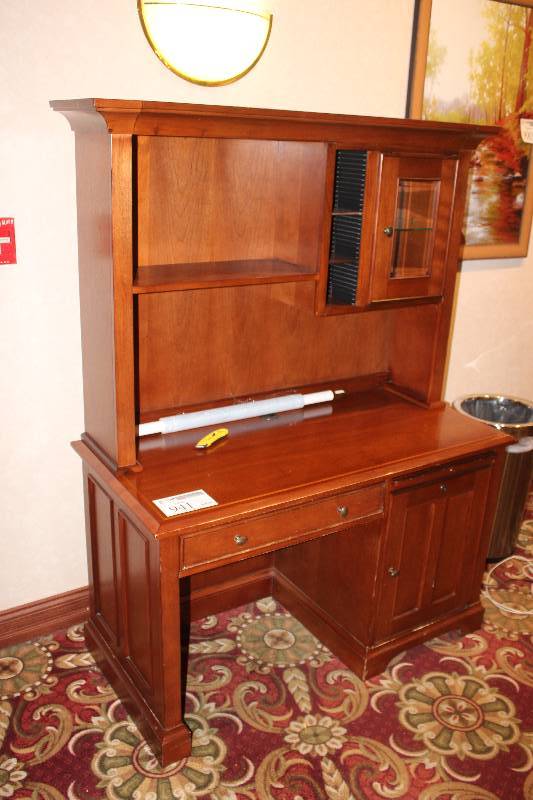 lot 941 image: 1-Drawer 1-Door Wood Office Desk w 1-Shelf 1-Glass Door Wood Bookcase