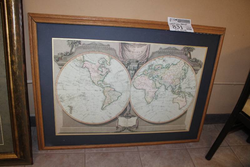 lot 831 image: Framed Wall Art World Map