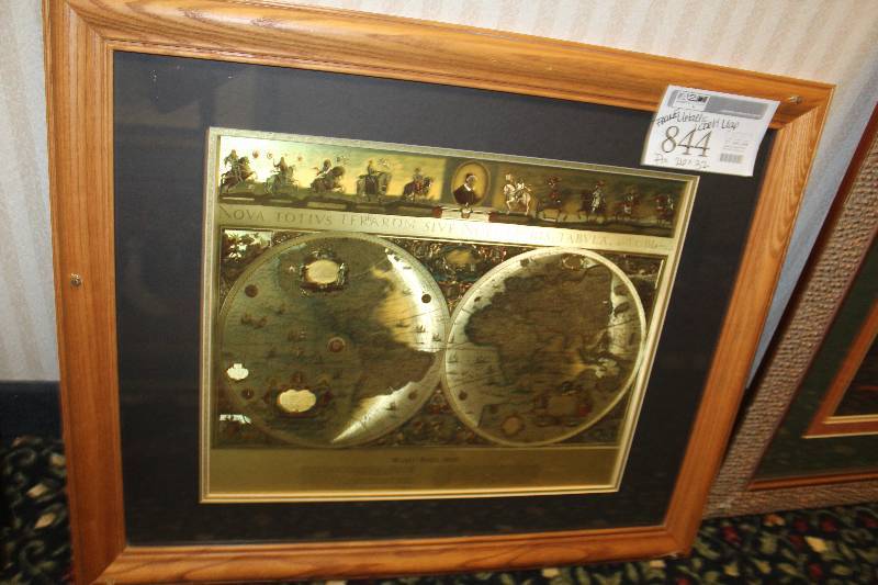 lot 844 image: Framed Wall Art Metallic World Map