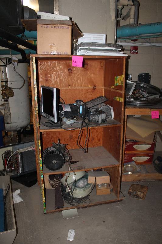 lot 958 image: Contents Of Cabinet & Cabinet Including Computer Monitor, Motors, And More