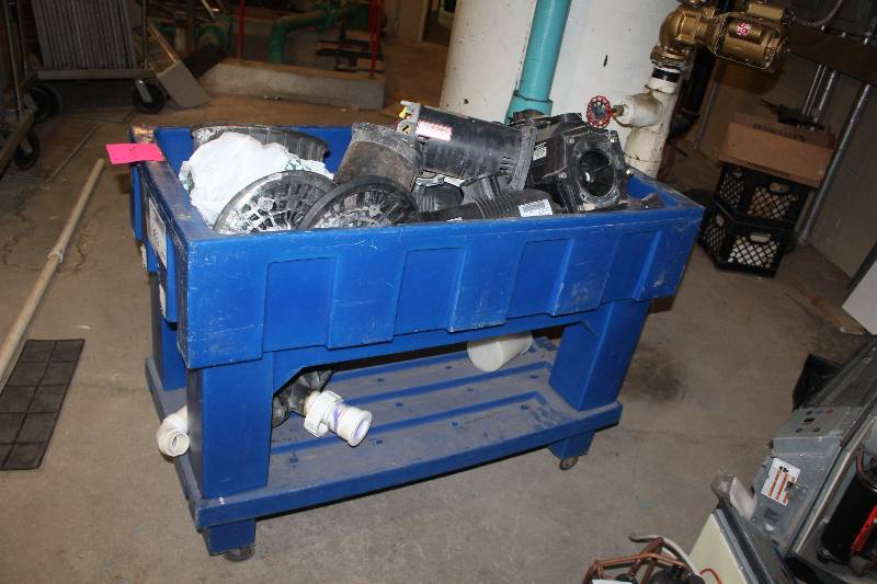 lot 963 image: Contents Of Rolling Utility Cart & Rolling Utility Cart Including Motors, Pumps, And More
