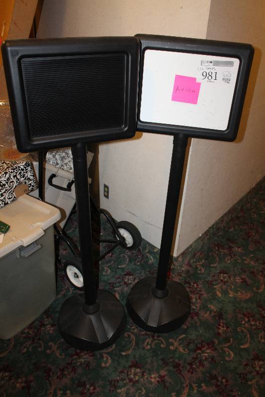 lot 981 image: Lot of (2) Lobby Post Signs 58in. Tall Tower Basement