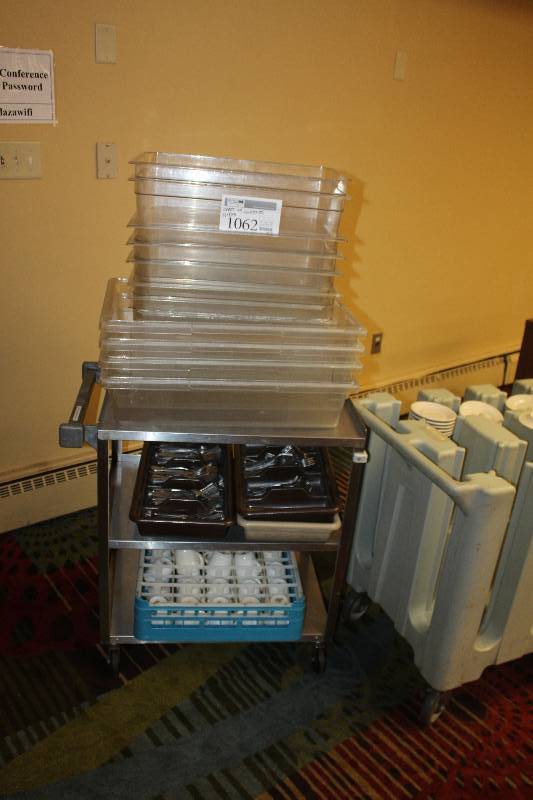 lot 1062 image: Cart & Contents Including Bins, Flatware w Plastic Tray, Coffee Cups w Plastic Tray