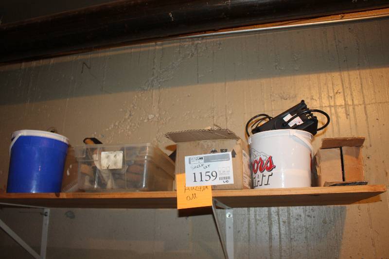 lot 1159 image: Shelf Lot Including Wagner Spray Painter, Hardware, Containers, And More