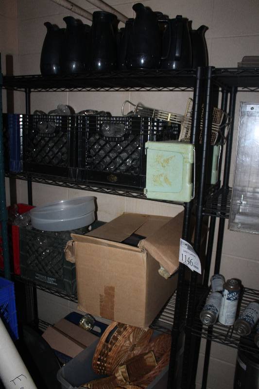 lot 1146 image: Shelf & Contents Includes Pitchers, Glassware, Baskets, And More