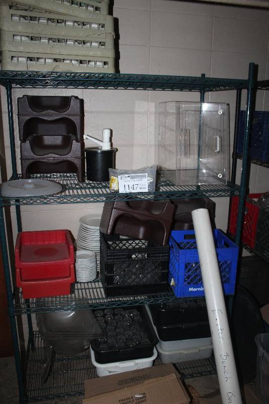 lot 1147 image: Shelf & Contents Includes Bins, Plates, High Chairs, Crates, And More