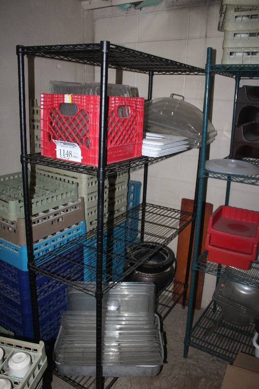 lot 1148 image: Shelf & Contents Includes Crates, Trays, Plastic Tray Lids, And More