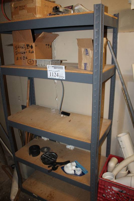 lot 1124 image: 5-Shelf Metal Storage Rack with Wood Shelving & Contents