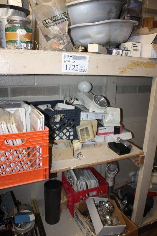 lot 1122 image: Shelf Lot Including Hardware, Trays, Lighting, Household, And More