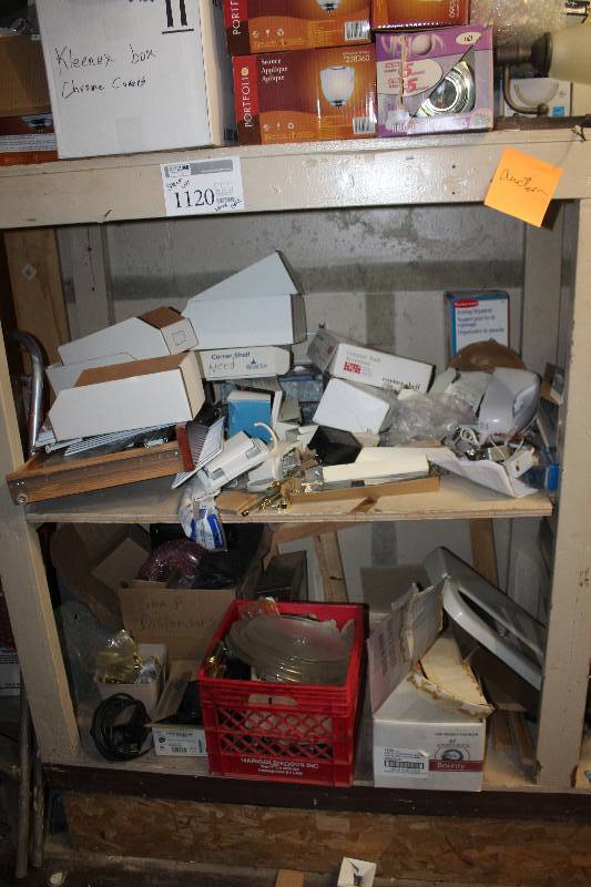 lot 1120 image: Shelf Lot Including Hardware, Lighting, Household, And More