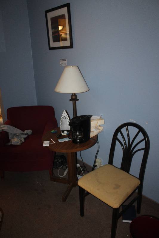 lot 1012 image: Sofa Chair, Desk Chair, Table, Lamp, Iron, Framed Wall Art