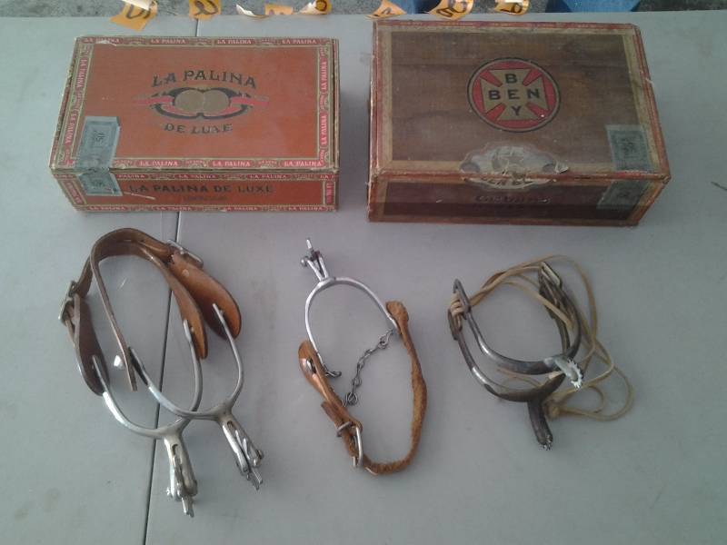 lot 19 image: 2-Cigar Boxes, 2-Pair Spurs, 1-Single Spur