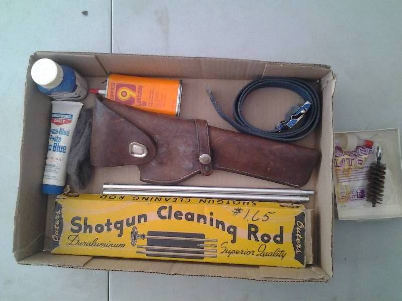 lot 52 image: Holster, Gun Cleaning Rod, Bluing Oil, More