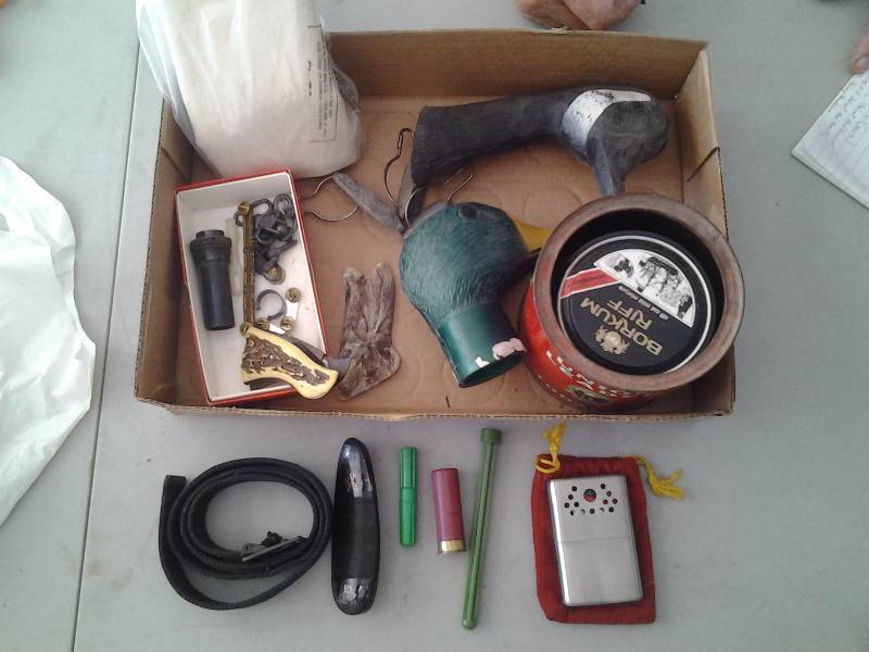 lot 55 image: Decoy Heads & Weights, Jon-E Hand Warmer, Tins, Belts, Grips