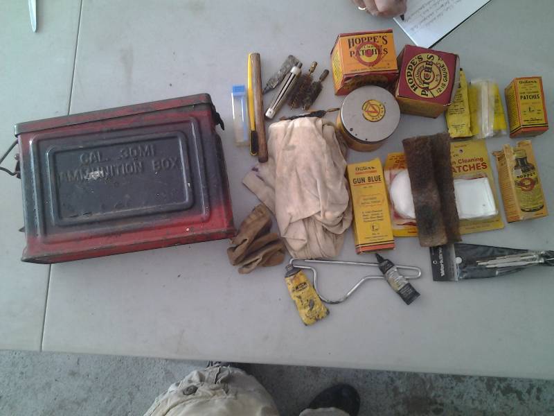 lot 59 image: Hoppes Patches, Oil, Gun Blu, Brushes, Game Carrier, 30 Cal Ammo Box