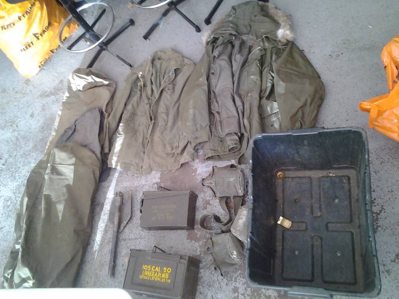 lot 60 image: Field Jacket With Liner & Hood, Other Field Jacket, 3-Duffel Bags, 2-Canteens With Covers, Shovel, 30 & 50 Cal. Ammo Box, Web Belt, Tote
