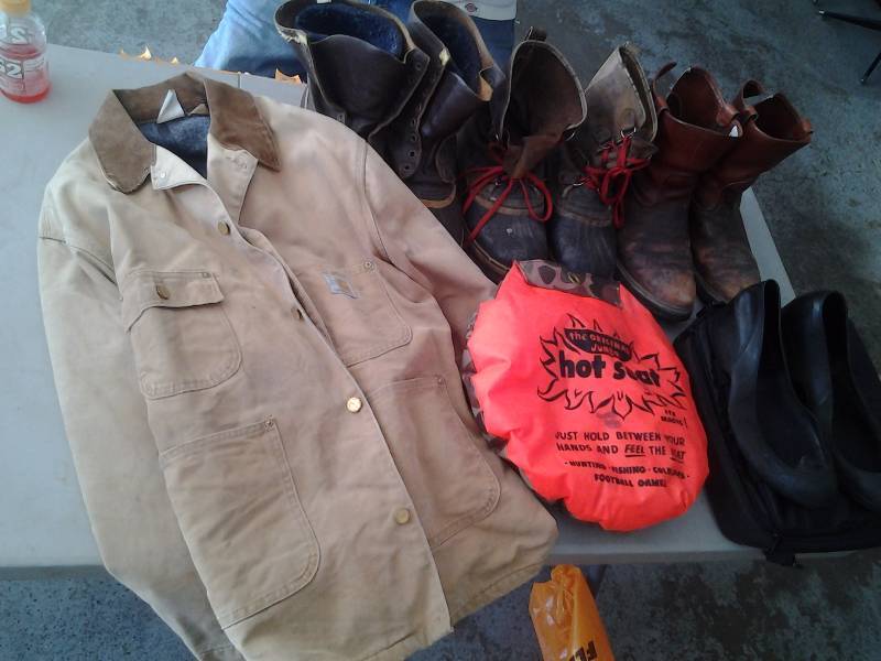 lot 61 image: Red Wing Boots Size 10, Sorel Boots Size 10, Totes, Hot Seat, Game Carrier, Carhartt Jacket Size 42