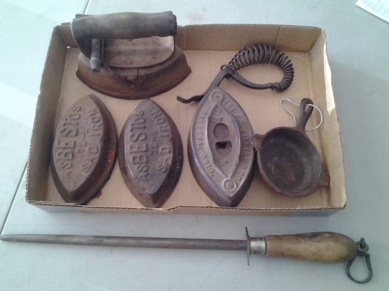 lot 65 image: Sad Irons & Handle, Sharpening Steel, Iron Pan