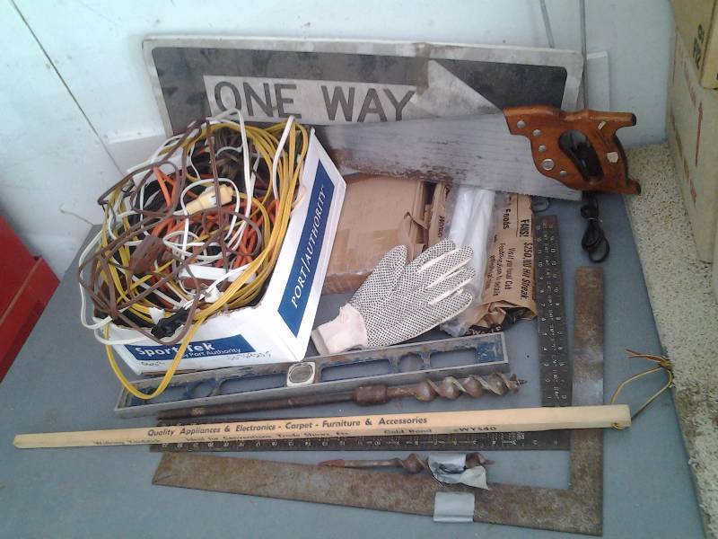 lot 72 image: Saw, Square, Extension Cords, Door Parts, Level, Shelf, More