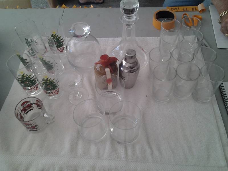 lot 85 image: 2-Crystal Decanters With Stoppers, Assorted Bar Glasses, Tumblers, Shaker, Whiskey Jug