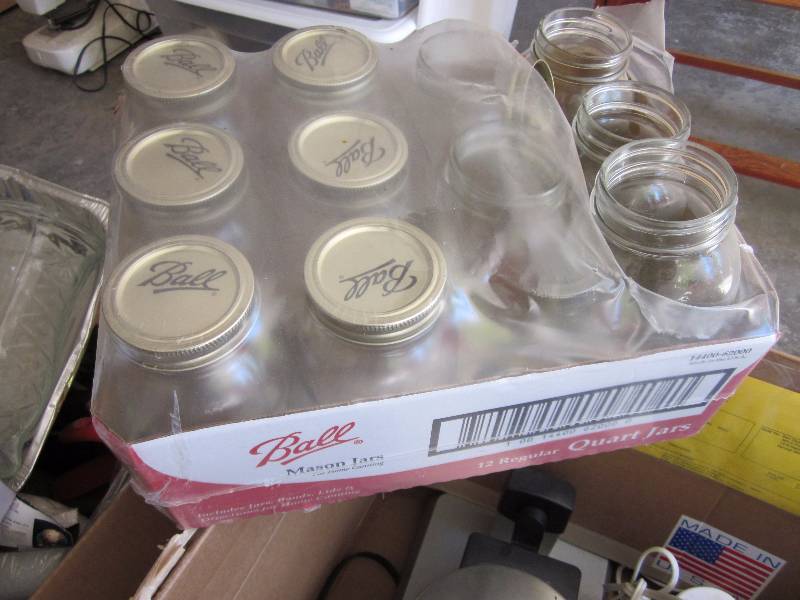 lot 49 image: 2 boxes of kitchen, small electrics, and mason jars