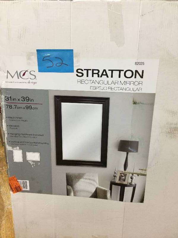 lot 52 image: Strattan 39 in. x 31 in. Step Framed Mirror in Black New