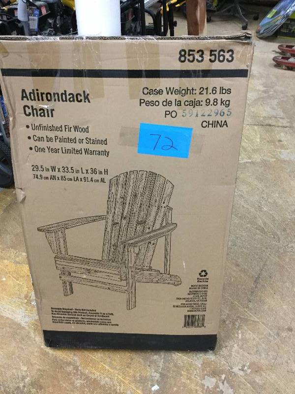 lot 72 image: Unfinished Adirondack Patio Chair New