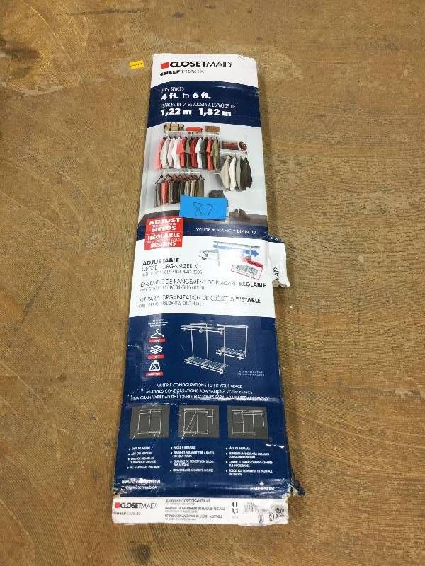 lot 87 image: ClosetMaid ShelfTrack 3 ft. - 6 ft. White Wire Closet Organizer Kit  New