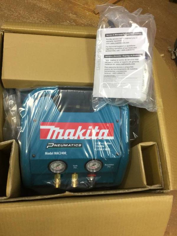 lot 98 image: Makita 4.2 Gal. 2.5 HP Portable Electrical 2-Stack Air Compressor Model MAC2400 New